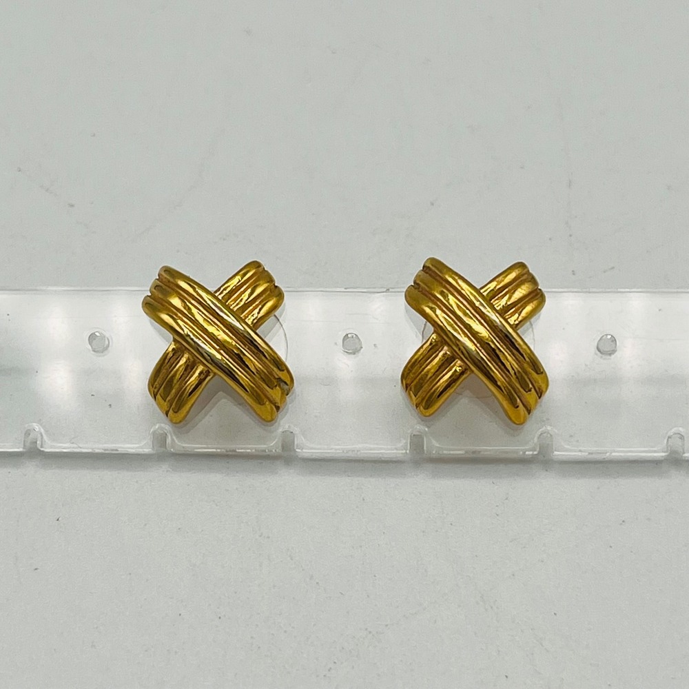 Napier Gold Tone Ribbed X Crisscross Stud Earrings Vintage Button Posts